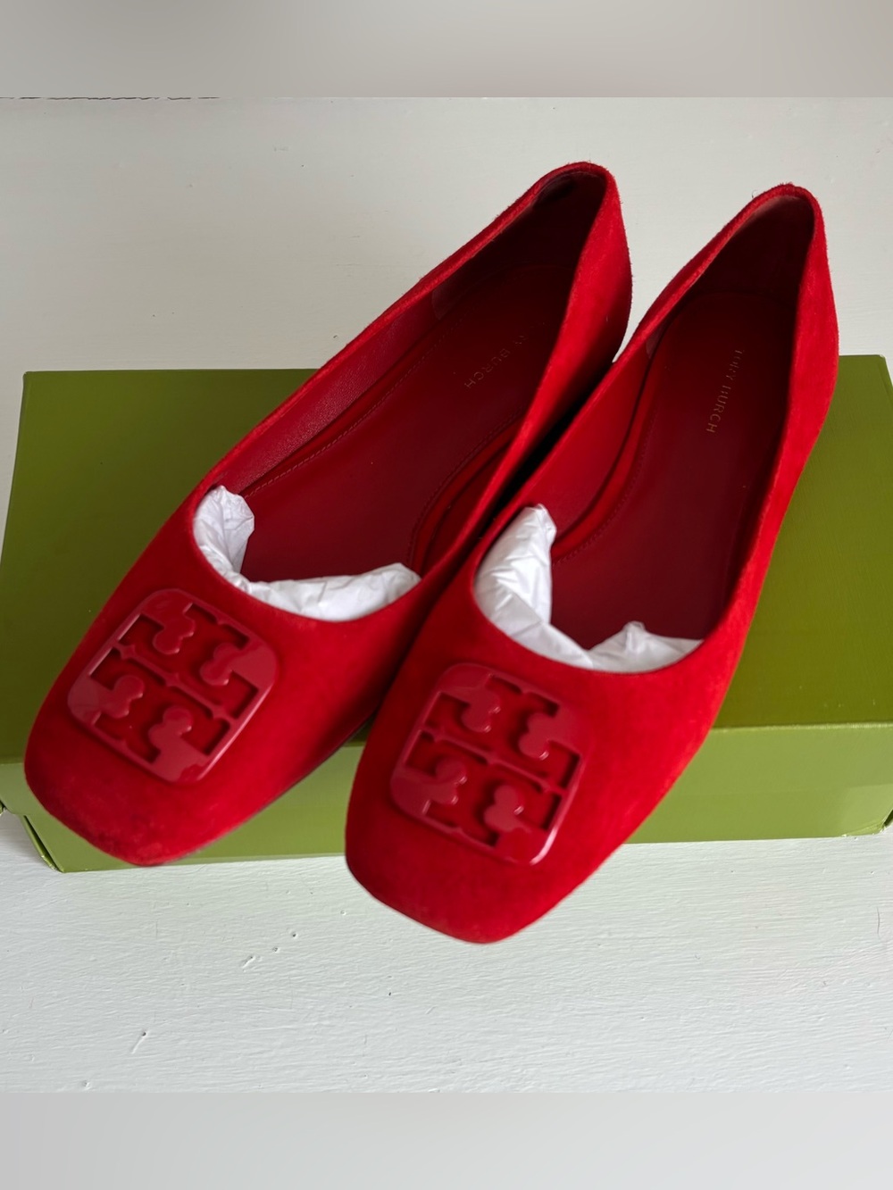 Tory Burch Red Suede Logo Ballet Flats